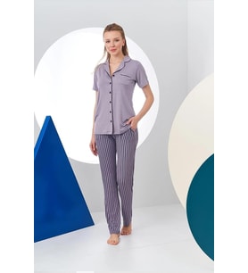 Pjs 24156 Kadın Çizgili Düğmeli Pijama Takım