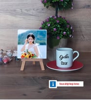 Gelin Fotoğraflı Dekoratif Taş, Ahşap Altlıklı Türk Kahvesi Fincanı Hediye (Model 3)