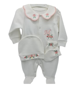 İsimli Hastane Çıkışı 3 Lü Set Rococo Laruel Desenli Pudra (Beyaz)
