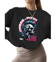Sweatshirt Bej Sweatshirt Siber punk kafatası Baskılı 3 iplik şardonlu kadın unisex kalın erkek (Siyah)