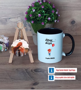 Ütopyalar Güzeldir Kupa Bardak Beyaz ve Fotoğraflı Ahşap Anahtarlık Hediye (Model 11)