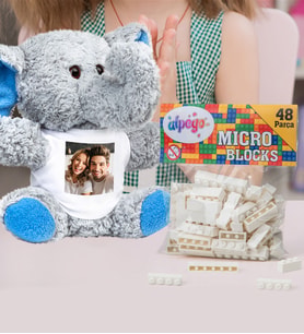 Kişiye Özel Peluş Mavi Fİl Ve Renkli Micro Blocks Lego (Beyaz)