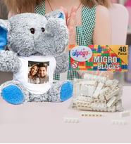 Kişiye Özel Peluş Mavi Fİl Ve Renkli Micro Blocks Lego (Beyaz)