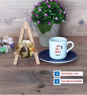 Yazı İşleri Müdürü Türk Kahvesi Fincanı Ahşap Altlıklı ve Fotoğraflı Ahşap Anahtarlık Hediye (Model 4)