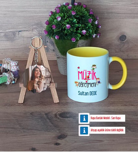 Müzik Öğretmeni Kupa Bardak Beyaz ve Fotoğraflı Ahşap Anahtarlık Hediye (Model 7)
