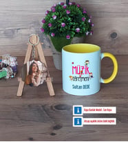 Müzik Öğretmeni Kupa Bardak Beyaz ve Fotoğraflı Ahşap Anahtarlık Hediye (Model 7)