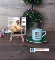 Amcaya Hediye Fotoğraflı Dekoratif Taş, Ahşap Altlıklı Türk Kahvesi Fincanı Hediye (Model 9)