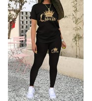 Kadın Kısa Kollu Queen Baskı Viskon Ikili Takım (Siyah)
