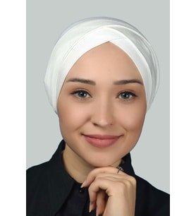 Dört Bantlı Çapraz Dış Tesettür Bonesi Hazır Türban Penye (Ekru)
