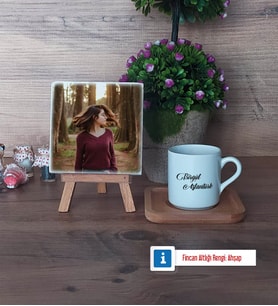 İsme Özel Fotoğraflı Dekoratif Taş, Ahşap Altlıklı Türk Kahvesi Fincanı Hediye (Model 1)