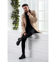SİR KAPŞONLU KIŞLIK UZUN ŞİŞME ERKEK MONT (Krem)