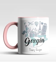 Kişiye Özel Gezgin Tasarımlı Siyah Kupa (Beyaz-Pembe)