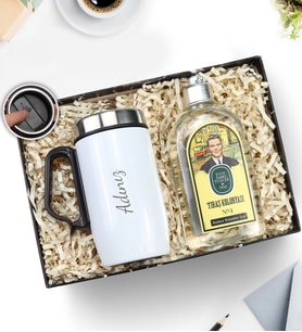 Kişiye Özel Özel Kulplu 280 ML Çelik Termos & Eyüp Sabri Tuncer Tıraş Kolonyası Hediye Seti (Beyaz)