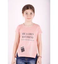 Toontoy Kız Çocuk Best Friend Baskılı Taş Detaylı Tişört (Pudra)