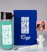Kişiye Özel Defter Kalem Matara Ve Fotoğraflı Notluk Seti 93511 (Mavi)