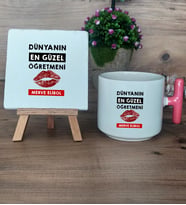 Dünyanın En Güzel Öğretmeni Hediye Seti Kupa Bardak T Kulplu ve Dekoratif Taş Öğretmenler Günü Hediyesi (Model 4)