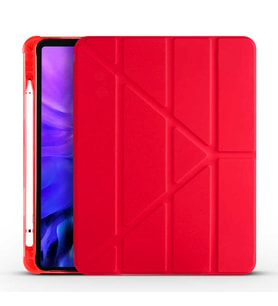 Apple  iPad Air 10.9 2022 (5.Nesil) Kılıf Kalem Bölmeli Standlı Ön Arka Tam Koruma Katlanabilir Uyku Modlu Kılıf Tri Folding (Kırmızı)