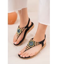 Khayt Helen Anatomik Ortopedik Fashion Taşlı Günlük Kadın Parmak Arası Sandalet (Siyah)