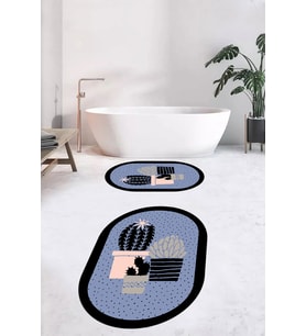 EVDEYA Dijital Yıkanabilir Kaktüs Çiçek Desen İkili Oval Banyo Halısı Klozet Takımı, OKLOZET-22-BEYAZ, (Mavi)