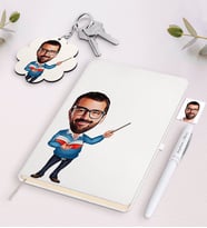 BK Gift Kişiye Özel Erkek Öğretmen Karikatürlü Siyah Defter Kalem Ve Anahtarlık Hediye Seti-4 (Model 2)
