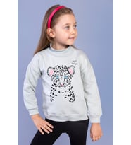 Toontoy Kız Çocuk Baskılı Balıkçı Yaka Pamuklu Sweatshirt (Gri)