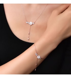 Manolya Çiçeği Zirkon Taşlı Kadın Gümüş Set (Rose)