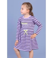 Toontoy Kız Çocuk Bel Fırfır Detaylı Çizgili Yazı Baskılı Elbise (Lila)
