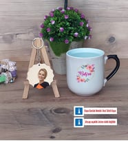İsme Özel Kupa Bardak Beyaz ve Fotoğraflı Ahşap Anahtarlık Hediye (Model 10)