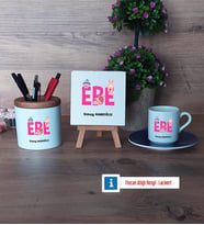 Ebe Hediye Seti Dekoratif Taş, Kalemlik, Ahşap Altlıklı Türk Kahvesi Fincanı Hediye (Model 4)