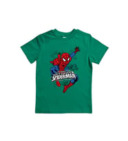 Spiderman baskılı örümcek adam pamuklu penye kumaş yazlık çocuk tişört (Yeşil)