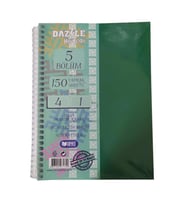 Orta Boy 4+1 Ayraçlı Defter 5 Konulu 150 Yaprak 1 Adet 4 Kareli 1 Çizgili Spralli Plastik Kapak Seperatörlü 18x25 cm (Yeşil)