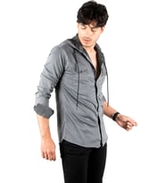 DeepSEA Erkek   Kapüşonlu Cepli Slim Fit Likralı Kot Gömlek 2300396 (Füme)