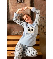Nisanca Kışlık Kadın Welsoft Polar Pijama Takımı - Yeni Yıl Pijaması (Mavi)