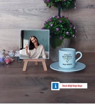 Yılbaşı Hediyesi Fotoğraflı Dekoratif Taş, Ahşap Altlıklı Türk Kahvesi Fincanı Hediye (Model 2)