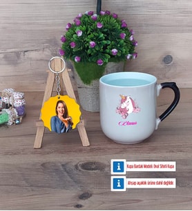 Unicorn Kupa Bardak Beyaz ve Fotoğraflı Ahşap Anahtarlık Hediye (Model 10)