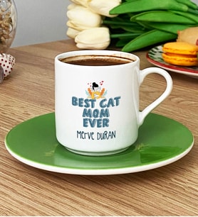 Kişiye Özel Best Cat Mom Ever Türk Kahvesi Fincanı En İyi Kedi Annesi (Yeşil)