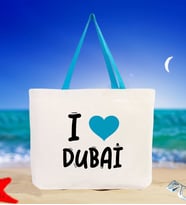 BK Gift I Love Dubai Renkli Kulp Kanvas Plaj Çantası 48x40m, Baskılı Omuz Çantası, Alışveriş Çantası (Turkuaz)