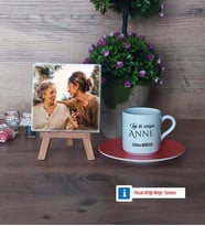 Anneye Doğum Günü Hediyesi Fotoğraflı Dekoratif Taş, Ahşap Altlıklı Türk Kahvesi Fincanı Hediye (Model 8)