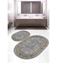 Dijital Baskılı Kaymaz Taban Yıkanabilir Oval 2'li Klozet Takımı Banyo Paspası NOKZ-SD-141 (Gri)