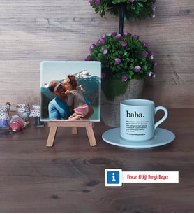 Babaya Hediye Fotoğraflı Dekoratif Taş, Ahşap Altlıklı Türk Kahvesi Fincanı Hediye (Model 2)