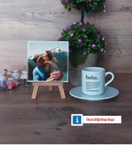 Babaya Hediye Fotoğraflı Dekoratif Taş, Ahşap Altlıklı Türk Kahvesi Fincanı Hediye (Model 2)