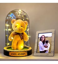 Kişiye Özel Fotoğraflı ve İsimli Hediye Seti, Renkli Peluş ve Led Işıklı Fanus HA2 (Krem)