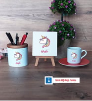 Unicorn Hediye Seti Dekoratif Taş, Kalemlik, Ahşap Altlıklı Türk Kahvesi Fincanı Hediye (Model 8)