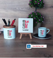 Arkadaşa Hediye Hediye Seti Dekoratif Taş, Kalemlik, Ahşap Altlıklı Türk Kahvesi Fincanı Hediye (Model 7)