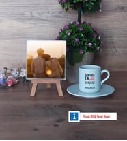 Sevgiliye Hediye Fotoğraflı Dekoratif Taş, Ahşap Altlıklı Türk Kahvesi Fincanı Hediye (Model 2)