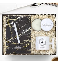 Kişiye Özel Tasarım Defter & Beyaz Metal Kutulu Mum & Gümüş Renk Detaylı Beyaz Tükenmez Kalem & Kişiye Özel Fincan Hediye Seti (Model 5)