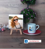 Kadın Öğretmene Hediye Fotoğraflı Dekoratif Taş, Ahşap Altlıklı Türk Kahvesi Fincanı Hediye (Model 3)