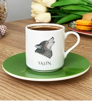 Kişiye Özel Kurt Baskılı Türk Kahvesi Fincanı Babaya Kardeşe Hediye (Yeşil)