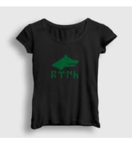 Presmono Kadın Beyaz Göktürk Bayrağı Türk Yazılı Kurt Bozkurt T-Shirt 474977tt (Siyah)