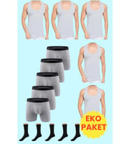 Tezzgelsin Ekonomik Paket Atlet Boxer Ve Çorap Takımı 5 Atlet 5 Boxer 5 Çift Çorap (Gri-Gri)